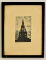 Olvashatatlan jelzéssel: Bécs, Votivskirche. Rézkarc, papír, Jelzett, 14x8 cm üvegezett keretben. / Vienna, etching