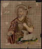 cca 1868 Hímzett szentkép, sérülésekkel, 27×23 cm