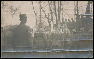 cca 1917 IV, Károly a fronton magyar csapatokat vizitál főtisztekkel. Hajtásnyommal. / WW: I. Military photo with Karl Emperor. Folded. 9x15 cm