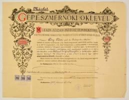 1920 Gépészmérnöki diploma 1921-es másolata, M. Kir József Műegyetem, 3 db 5 koronás bélyeggel, kis szakadásokkal
