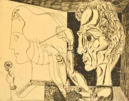 Hincz Gyula (1904-1986): Ketten. Rézkarc, papír, jelzett, üvegezett keretben, 29×39 cm