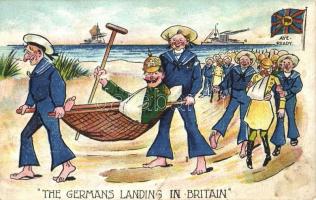 The Germans landing in Britain, Aye-Ready / WWI British-German Naval art postcard with mariners and Wilhelm II. litho (tear)