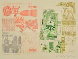 Würtz Ádám (1927-1994): Las Vegas üzent. Színes rézkarc, papír, jelzett, gyűrődésekkel, 24×34 cm.