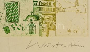 Würtz Ádám (1927-1994): Las Vegas üzent. Színes rézkarc, papír, jelzett, gyűrődésekkel, 24×34 cm