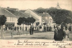 1901 Daruvár, Daruvar; utcakép, templom, Fuchs üzlete. Franjo Cimic kiadása / street view with shop and church