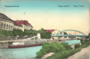 Nagybecskerek, Velky Beckerek, Zrenjanin; Bega részlet, uszály és híd / river with barge and bridge