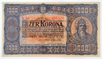 1923. 1000K T.W. jelöléssel, nyomdahely nélkül T:I / Hungary 1923. 1000 Korona T.W. sign, without printers mark C:UNC Adamo K37