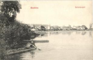 1910 Munkács, Mukacheve, Mukacevo; Latorca-part, csónak / Latorica riverside, boat (ázott sarkak / wet corners)