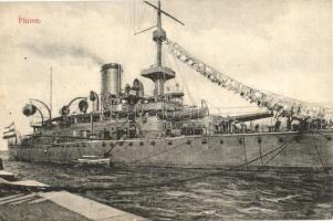 SMS Budapest osztrák-magyar Monarch-osztályú partvédő csatahajó, hajókötélen száradó ruhákkal. Divald Károly 1233-1909. / K.u.K. Kriegsmarine / Austro-Hungarian Navy, Monarch-class coastal defense ship, drying clothes of the mariners in the moorings (EK)