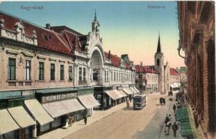 Nagyvárad, Oradea; Rákóczi út, Klein Géza és Ödön, Barabás B. és társa, Grünvald Herman, Újhelyi Róza és Petrovics Mihály üzlete, villamos / street view with shops and tram