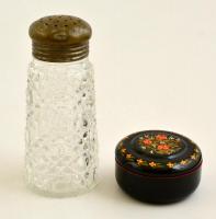 Egy üveg-réz sószóró 13 cm és egy fém dobozka