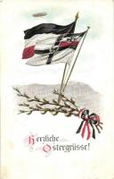 Herzliche Ostergrüsse! / WWI German military Easter greeting card, flags + K. und K. Etappenbäckerei No. 1.