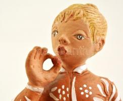 Kovács Margit (1902-1977): Cseresznyéző lány, festett, mázas terrakotta, jelzett, hibátlan, m: 25 cm