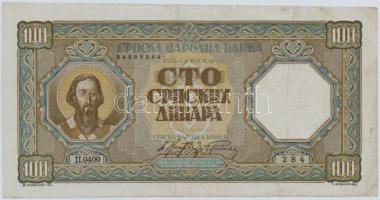 Szerbia / Német megszállás 1943. 100D T:II-,III
Serbia / German occupation 1943. 100 Dinara C:VF,F