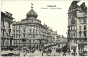 Budapest VIII. Rákóczi út (Blaha Lujza tér), villamos, takarékpénztár, gyógyszertár, üzletek - képeslapfüzetből