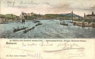 1906 Budapest, Eskü téri híd (Erzsébet királyné híd), darus gőzhajók, uszályok. Ganz Antal 110. (ázott sarok / wet corner)