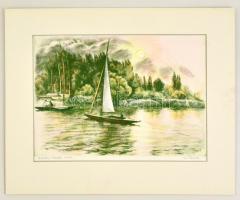 Kiss Terézia (1928- ): Balatoni kikötő. Színezett rézkarc, papír, jelzett, paszpartuban, 29×39 cm