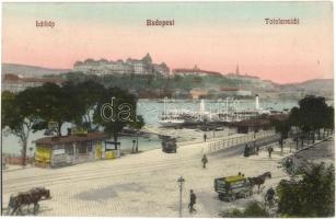 Budapest V. Pesti rakpart, hajóállomás, villamos sínek, Kalodont fogkrém reklámja (EK)