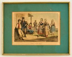 cca 1880 Contadini e contadine Ungheresi, színezett litho, fa keretben, 18×26 cm