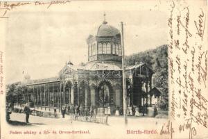 1901 Bártfa-fürdő, Bardejovské Kúpele, Bardiov; Fedett sétány, Fő és Orvos forrás. Divald Adolf / colonnade, springs (vágott / cut)