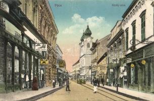 Pécs, Király utca, Spiegel József, Hoffmann Károly üzlete, villamos (EK)