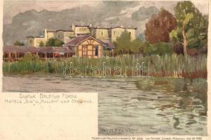 Siófok, Balaton fürdő, Hotel Sió és Hullám szálloda, fürdőház. Kanitz C. és Fiai kiadása, Künstler-Heliocolorkarte No. 2834. v. Ottmar Zieher. litho s: Raoul Frank