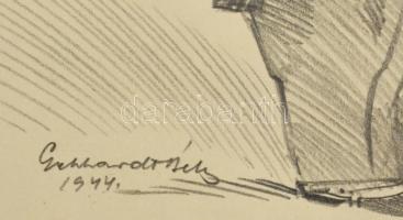 Gebhardt Béla (1901-1990): Erről jutja eszembe (karikatúra). Színes ceruza, papír, jelzett, 24×17 cm