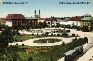 Szabadka, Subotica; Szent István tér, villamos / Karadjordjev trg / square with tram (kopott sarok / worn corner)
