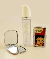 Vegyes tétel: Avon Pur Blanca alig használt parfüm; összecsukható kézi tükör újszerű állapotban, fém cigarettatartó doboz