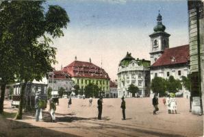 Nagyszeben, Hermannstadt, Sibiu; Piata Regele Ferdinand / König Ferdinandring / utcakép, katolikus templom, villamos. Kunstanstalt Jos. Drotleff Nr. 504. / street view, Catholic church, tram (EK)