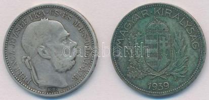 1893KB 1K Ag Ferenc József + 1939. 1P Ag T:2-,2 patina