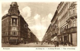 Budapest VI. Andrássy út, takarékpénztár, Fonciere pesti biztosító, Schimmelpfeng W. tudakozóda, villamos