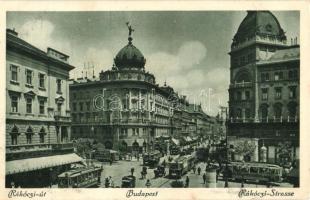 Budapest VIII. Rákóczi út (Blaha Lujza tér), villamosok, gyógyszertár, Kávéház