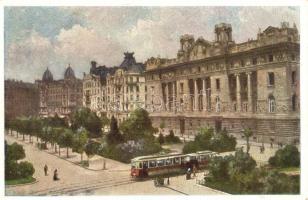 Budapest V. Szabadság tér, Osztrák-Magyar Bank, villamos. Művészlevelezőlap Hausner H. 7014-22.