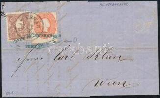 1858-as 10kr és 1861-es 5kr vegyes bérmentesítés levélen kék cégbélyegzéssel, az 5kr látványosan elfogazva, szegélyléc lenyomattal és festékfolttal a fejrészen 