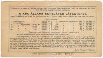 Budapest 1949. "Fél sorsjegy - 14. Állami sorsjáték" sorsjegy T:III-