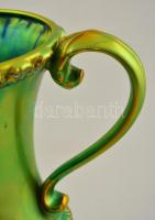 Zsolnay füles díszserleg,  eozin mázas, sérült, jelzett, "Vásárdíj" felirattal, m: 33 cm