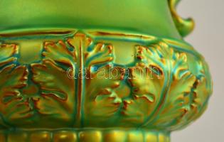 Zsolnay füles díszserleg,  eozin mázas, sérült, jelzett, "Vásárdíj" felirattal, m: 33 cm