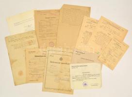 1866-1945 Vegyes okmány tétel, összesen 12 db, közte származási igazolvány, büntetőparancs, orvosi bizonyítvány, leszerelési jegy, Vöröskereszt levél