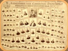 1907 A székesfővárosi m. kir. államrendőrségi detectiv egyesület nyugdíjpótló és segélyező egyesületének tagjai, nagyméretű tablókép, paszpartuban, 48×58 cm