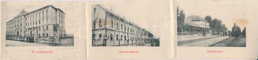 Kiskunfélegyháza, Kossuth Lajos utca. leporellocard belül Frankl Ede üzlete és vasútállomás gőzmozdo...