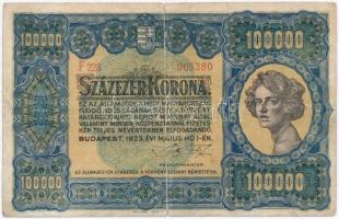 1923. 100.000K F369 008197 sorszámmal Orell Füssli Zürich T:III,III- kis szakadások, ly. Hungary 1923. 100.000 Korona with F369 008197 serial number, Orell Füssli Zürich C:F,VG small tears, hole Adamo K46