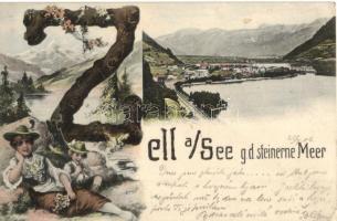 1906 Zell am See, Steinernes Meer. Verlag A. Fellerer / floral art postcard with initials, hikers (EK)
