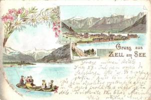 1896 (Vorläufer!) Zell am See, general view, church, rowing boat. Verl. v. Johann Kastner. Art Nouveau, floral, litho (EB)