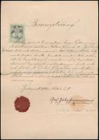 1899 Bp., Főerdész részére kiállított ajánlólevél, gróf Zichy-Ferraris Manó (1808-1877) aláírásával, viaszpecséttel, 1K okmánybélyeggel