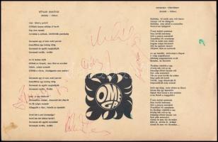 Az Omega együttes tagjainak aláírása zeneszöveget tartalmazó nyomtatványon