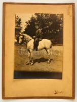1920 Katona fehér lovon, fotó, kartonra ragasztva, feliratozva, 22,5×17 cm