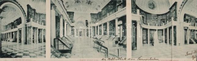 1902 Pannonhalma, Győrszentmárton; Az apátsági könyvtár termei és szárnyai, belsők. 3-részes kihajtható képeslap (vágott / cut)