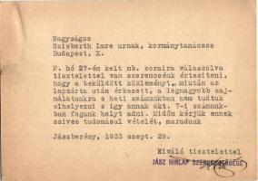 1933 Jászberény, Jász Hírlap politikai hetilap reklámlap. A szerkesztőség levele Szieberth Imre korm...