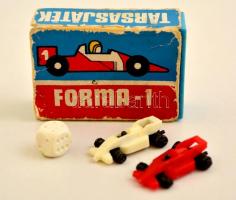 Retró mini Forma-1, játékleírás+játéktábla, 2 db műanyag autóval, 1 db kockával